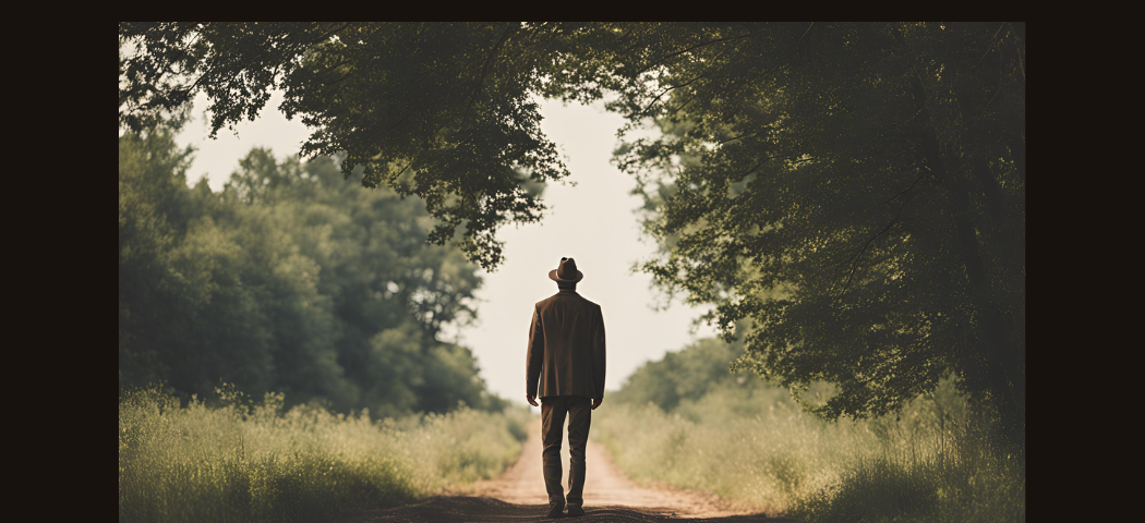 Back of a man on a country dirt road