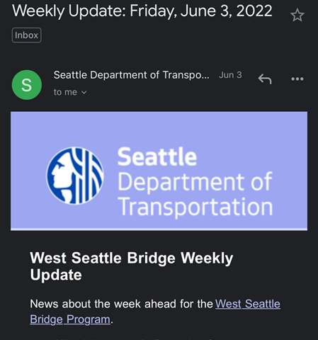 The email table of contents links to detailed information about maintenance work, a call for feedback about a city-wide transportation plan, a question of the week, and a request to sign up for a new program.