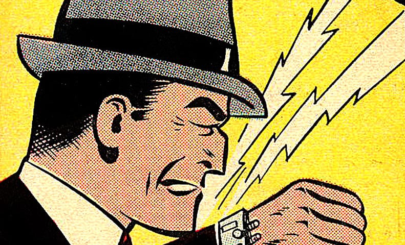 An original comic book rendering of Dick Tracy interacting with his watch-phone.