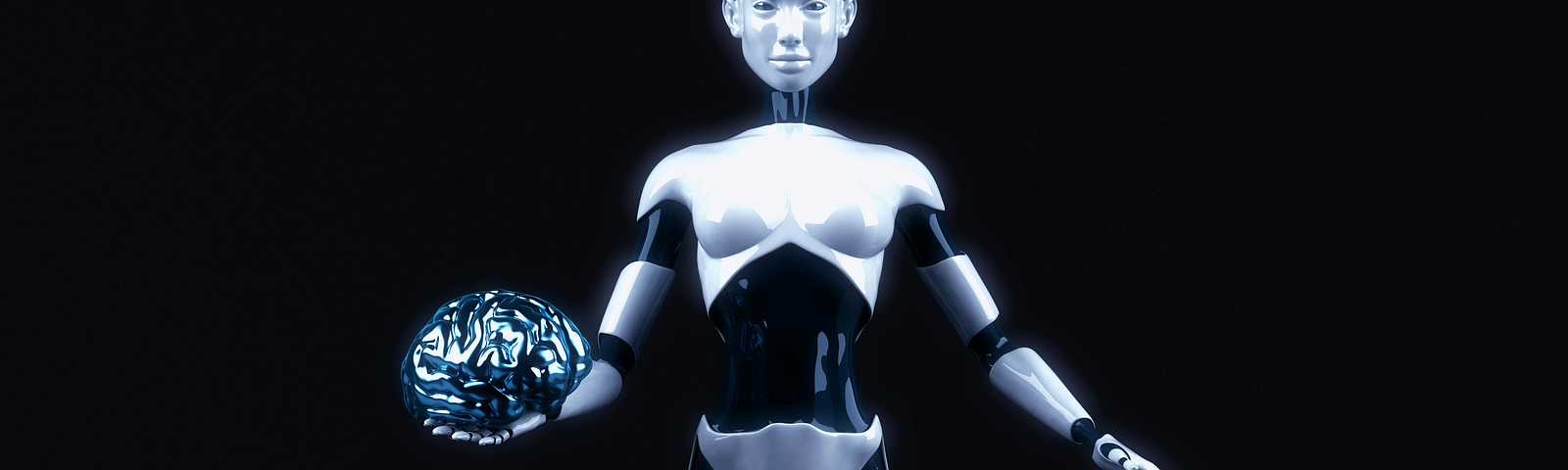 Black background, a female robot holding an artificial brain in her right hand