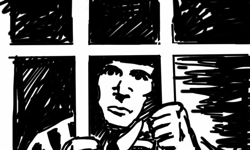 IMAGE: In black and white, a drawing of a prisoner behind bars