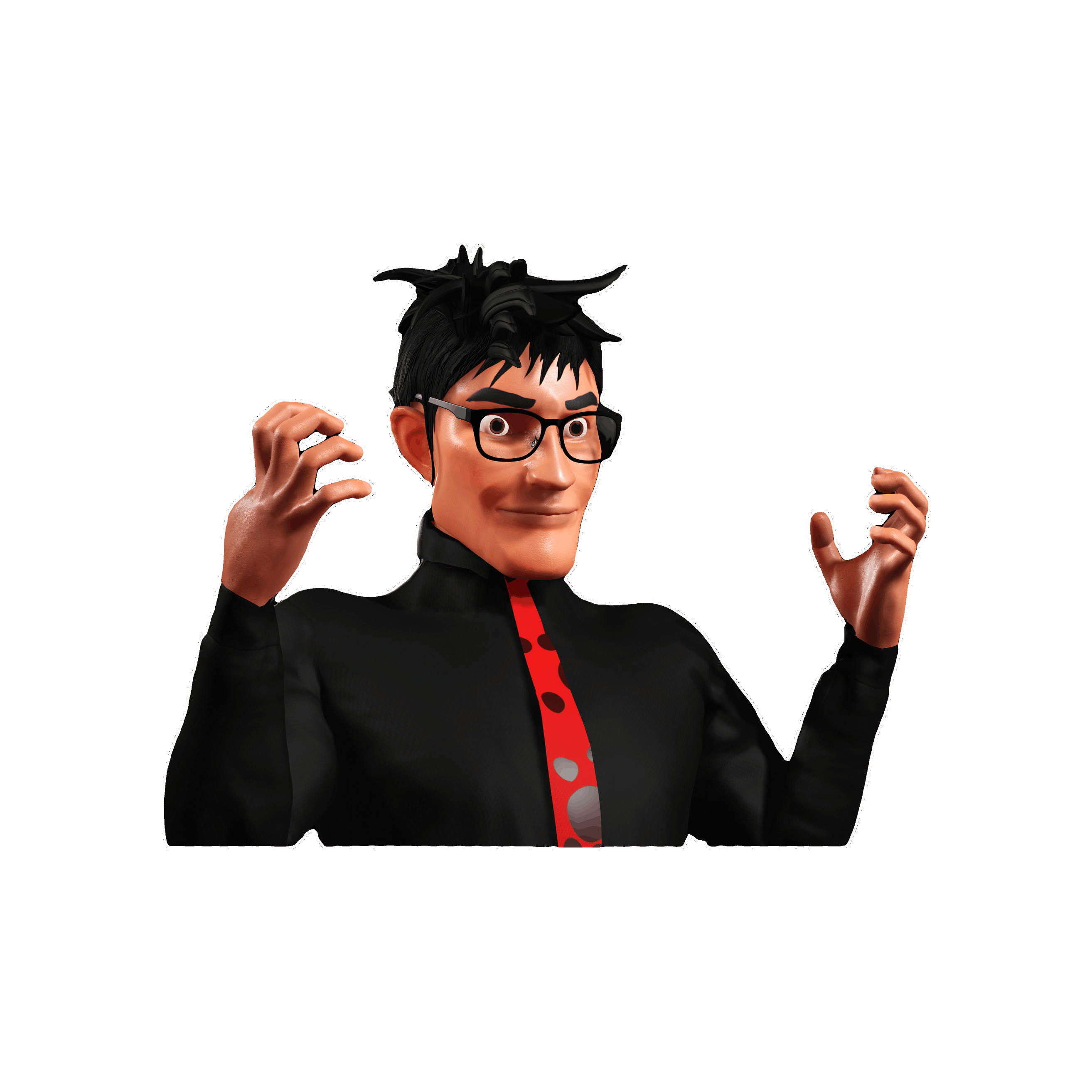 3D TOON character Dylan, created by me in a black shirt, red tie, and glasses in an animated gif image.