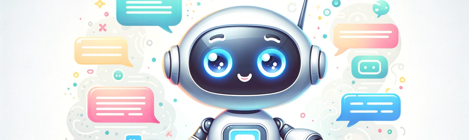 A cartoon-style illustration of a cheerful robot with expressive eyes and a smiling face, surrounded by colorful chat bubbles against a light, bright background.