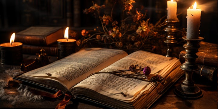 An ancient book laying on a weathered desk with dried flowers sprinkled all over. Candles light the room in a warm glow.