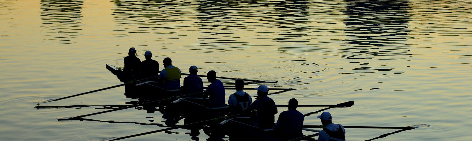 An image of a rowing team’s silhouettes against the water.