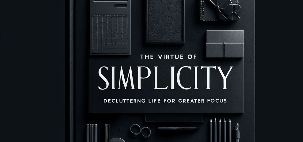 A dark, minimalist cover image featuring a tidy, organized workspace with clean lines and few items. The background is a deep charcoal or black, with subtle shadows adding depth. The title ‘The Virtue of Simplicity: Decluttering Life for Greater Focus’ is prominently displayed in the center in elegant, modern white font. Minimalist icons of a calendar, a clock, and a book represent time, organization, and knowledge, evoking a sense of calm, focus, and clarity.