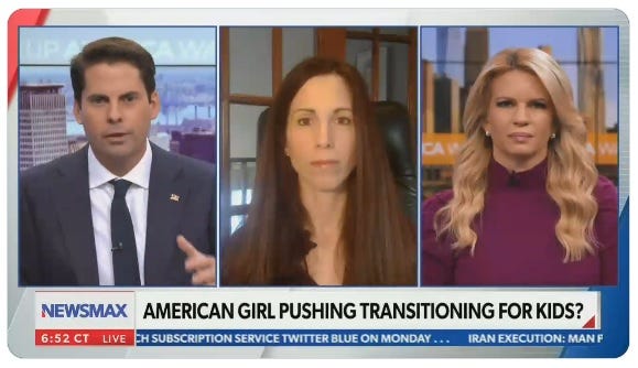 Screen grab from a Newsmax segment showing thre different people, the host and two guests. Text on the screen says “American Girl pushing transitioning for kids?”