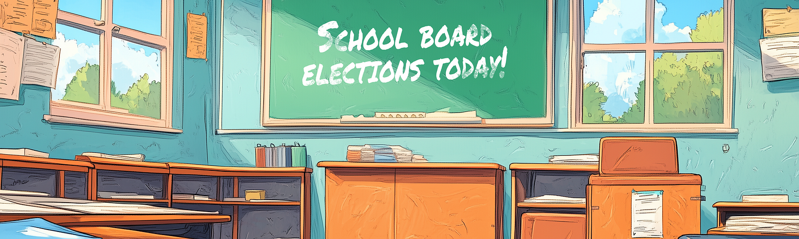 Classroom interior with chalkboard announcing “School Board Elections Today!” Windows show sunny day outside. Desks and teacher’s desk visible, conveying importance of civic engagement in education.