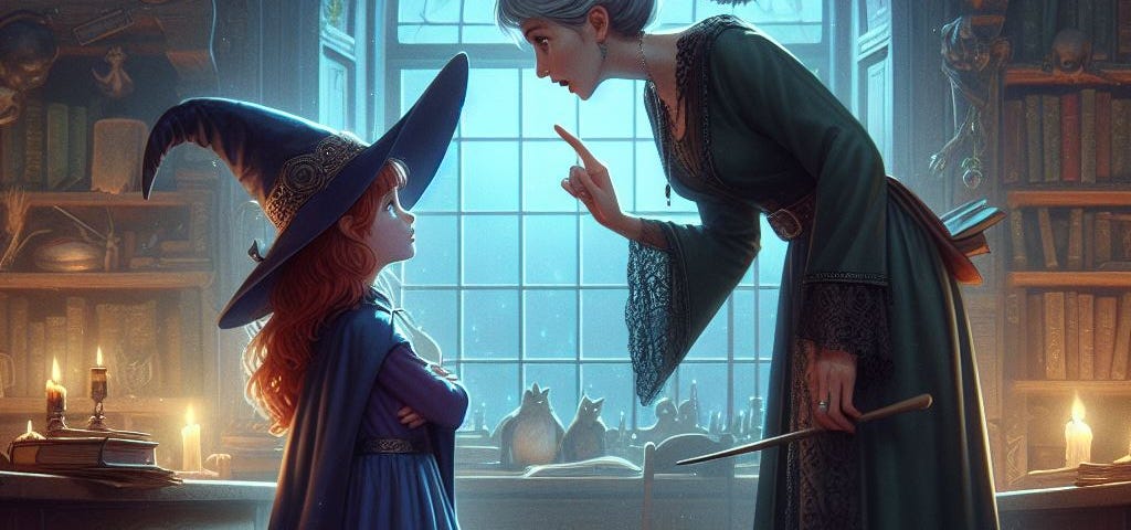 A child witch being scolded by her headmistress.