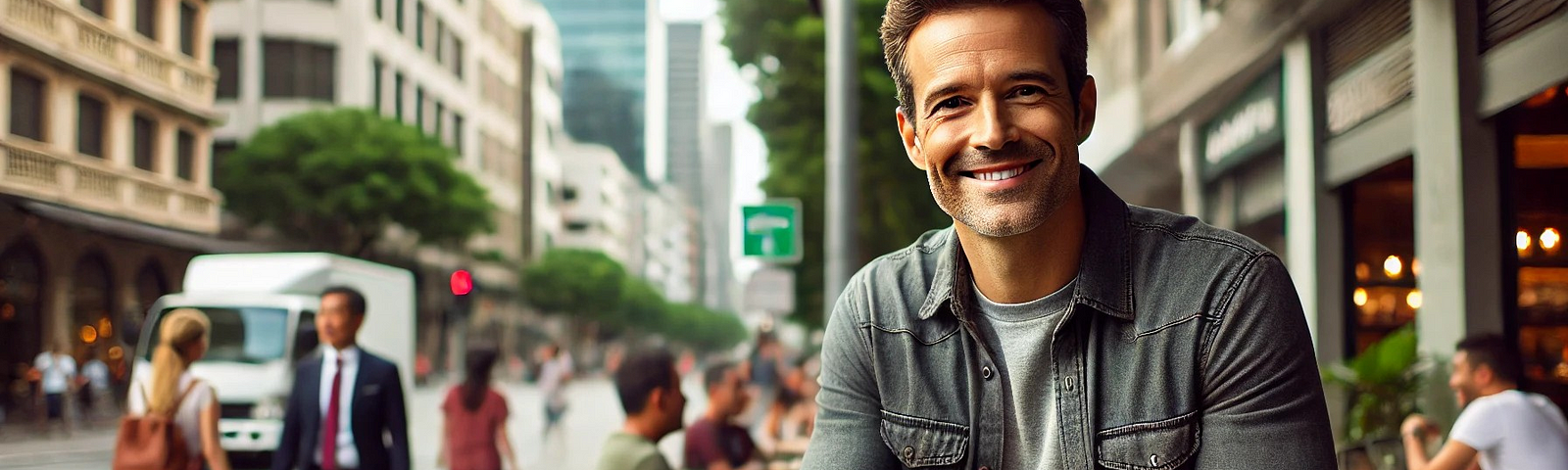 A man in his early forties smiling confidently, set in a casual outdoor café scene with city background.