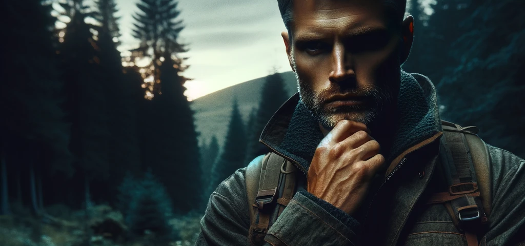 A powerful, somber cover image for a blog post. It features a rugged, thoughtful man standing alone in a dark forest at twilight. The colors are dark and muted, with deep greens, grays, and blacks. The man, wearing outdoor gear like a jacket and boots, has a strong, resolute expression. The scene symbolizes resilience and introspection, capturing a moment of contemplation and connection with nature. There is no text included in the image.