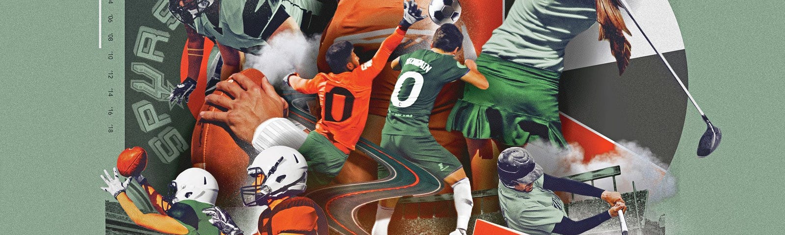 Collage of athletes, including the San Antonio Spurs and Texas Longhorns, and various green, orange, and sports-themed symbols.