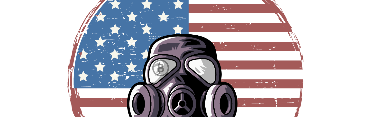 Circle American flag with a gasmask in front and the reflection of a Bitcoin on one lense.