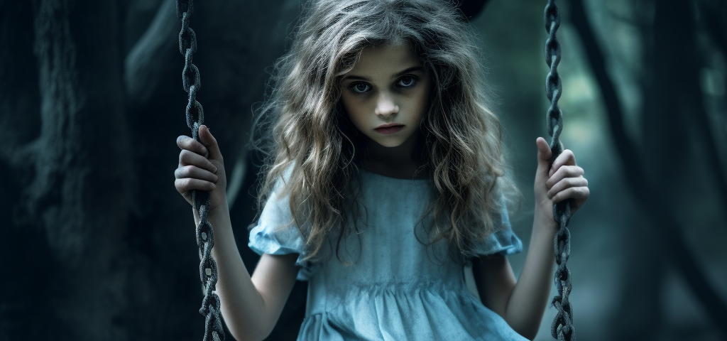 A creepy looking girl on an old swing in a dirty, blue dress with trees in the background.