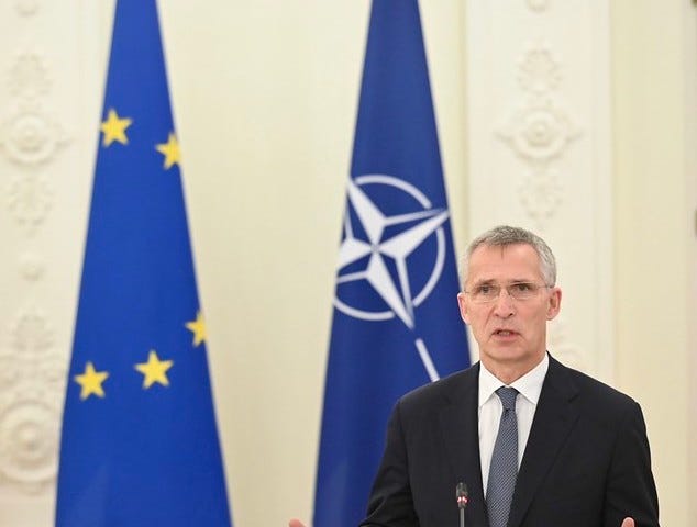 NATO Secretary General Jens Stoltenberg speaks at a joint NATO-E.U. press conference during a trip to Lithuania and Latvia.