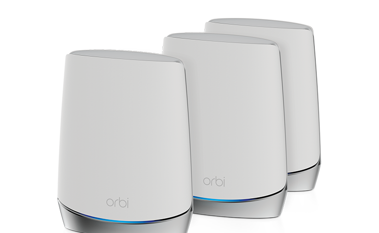 Orbi WIFI 6 System consisting of router and 2 nicely shaped white satellites.