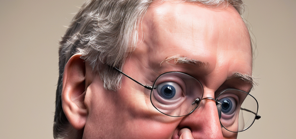 Photo of Senator Mitch McConnell painfully holding his nose to keep the stench of his defense of Trump out of it: “Trump’s the most innocent convicted felon in history.”