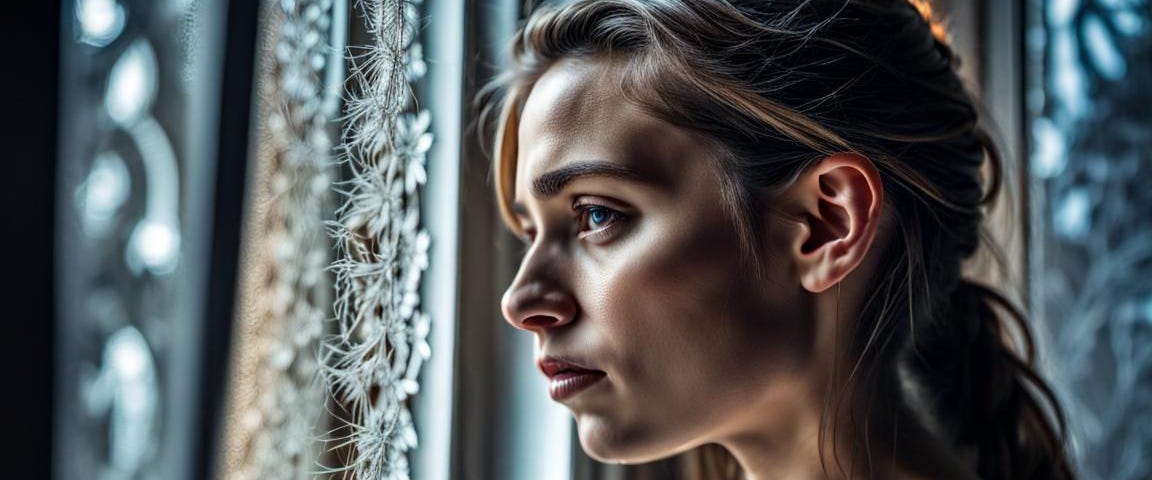 Window frosted up, sad young woman looking out intricate detail