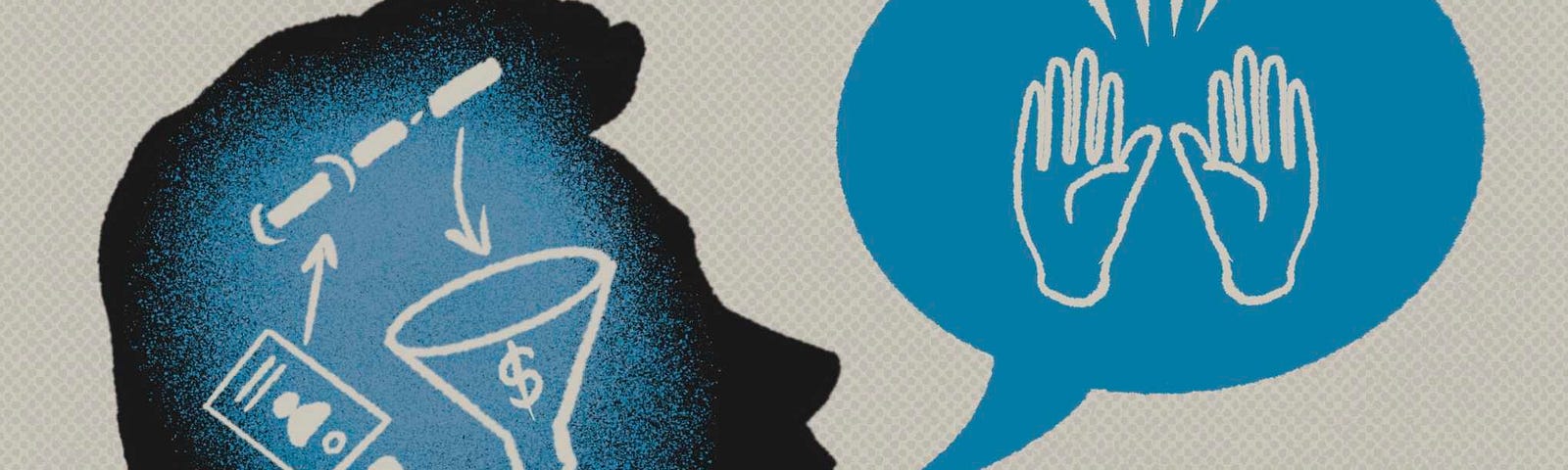 A silhouette of a man’s head filled with an illustration of the sales process and a blue speech bubble coming from his mouth.