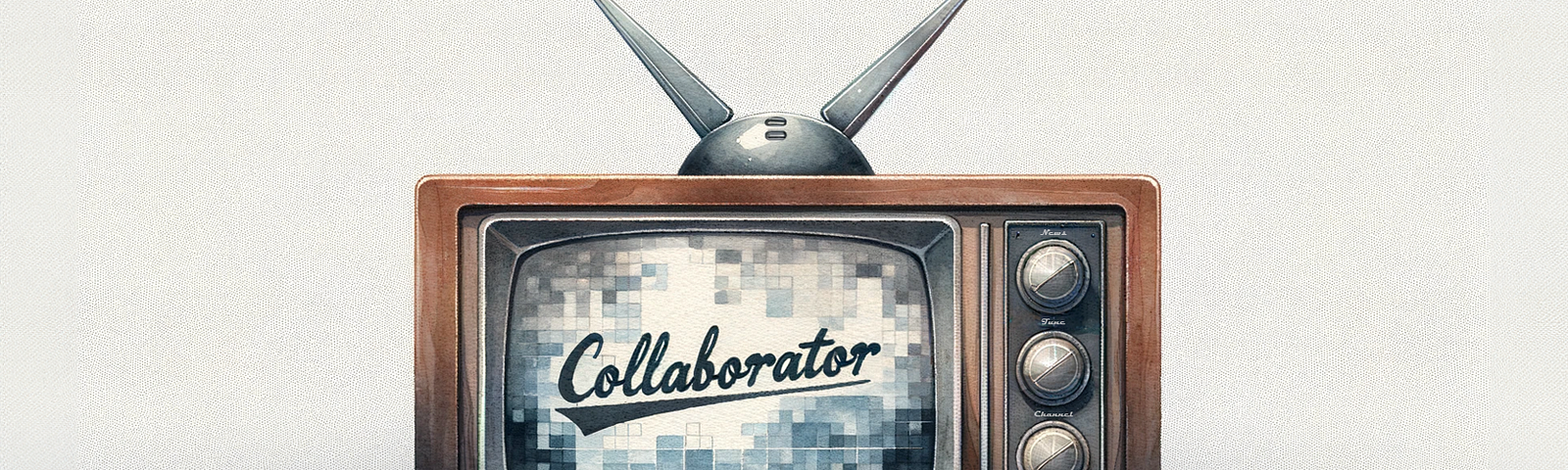 Artistic representation of an old-fashioned television on a subtle background. The TV has a ‘Center for Cooperative Media’ logo at the bottom. Its screen prominently features the word ‘Collaborator’ in stylized cursive against a pixelated backdrop. This vintage model includes rabbit ear antennas and side dials labeled for ‘Tint,’ ‘Color,’ and ‘Channel.’ The illustration may symbolize the collaboration in media or the evolution of media technology.