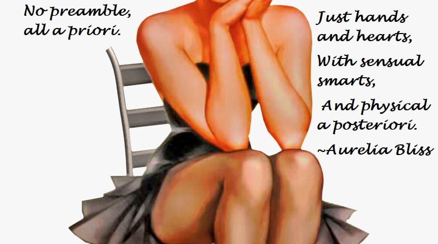Illustration in classic pinup style of a pretty young blonde woman in a little black dress and wearing burnt orange heels. She is sitting in a chair while looking directly out of the picture. There is embedded text in the image that says: Work With Me Doodle Come close and I’ll tell you a story, No preamble, all a priori. Just hands and hearts, With sensual smarts, And physical a posteriori. ~Aurelia Bliss