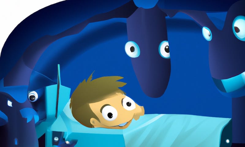 Cartoon figure of a child in bed and monsters