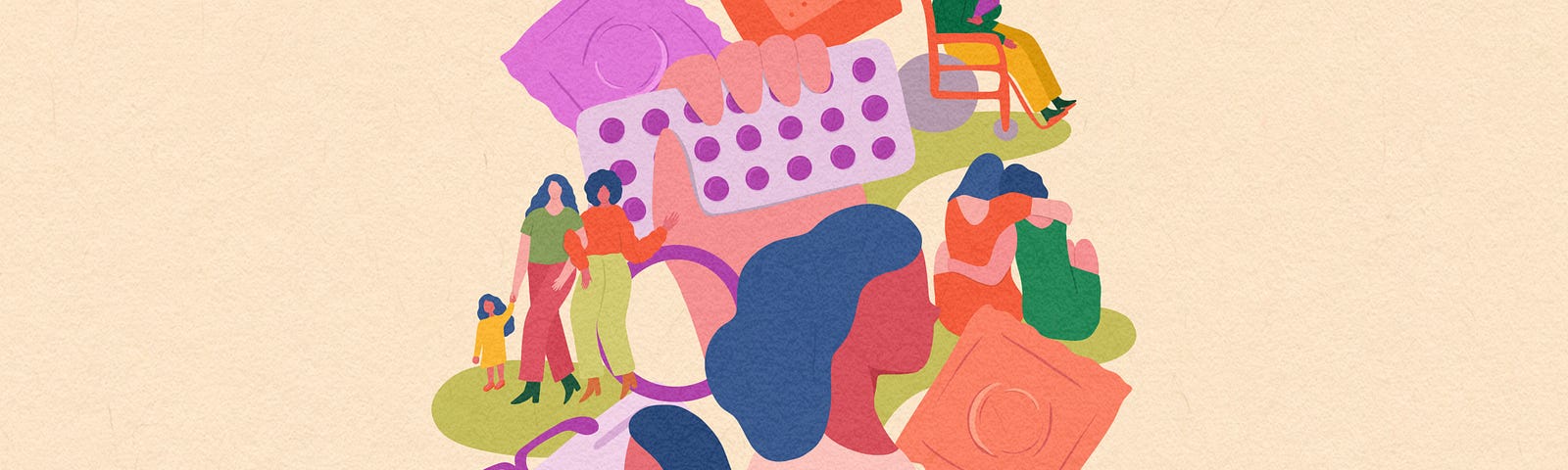 Illustration colorée de plusieurs personnages aux cheveux longs, l’un(e) faisant du skateboard, l’autre étant assis(e) avec un(e) ami(e). Au centre de l’image, une main tient des pilules contraceptives et autour de l’image sont dessinés divers contraceptifs.