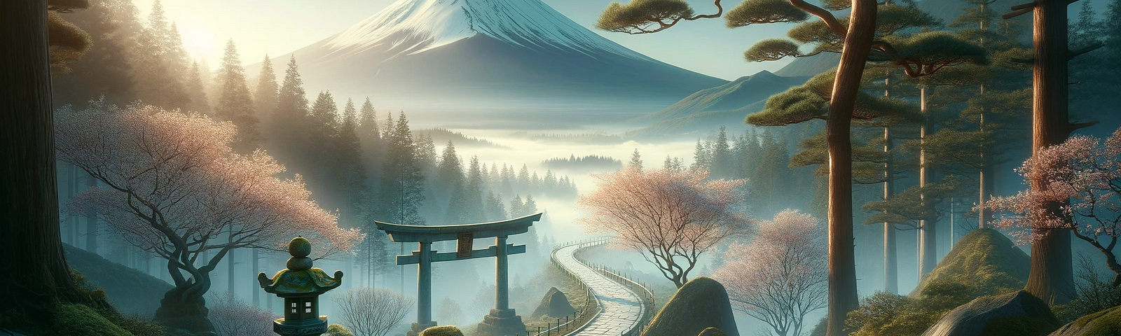 Artistic representation of a tranquil Japanese landscape, featuring a minimalist figure walking towards a traditional Torii gate amidst a serene setting with a rising sun and a calming body of water, symbolizing the path of ‘Do’ — a journey of discipline, practice, and self-reflection in the pursuit of mastery and inner peace