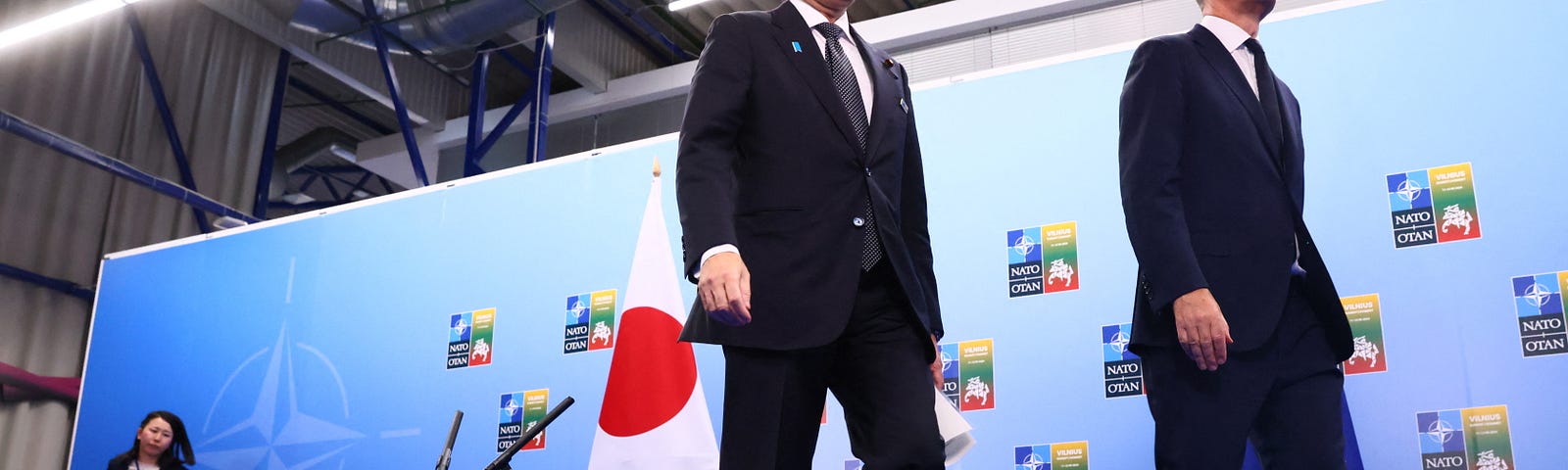 Japanese Prime Minister Fumio Kishida and NATO Secretary-General Jens Stoltenberg meet during a NATO summit in Vilnius, Lithuania, July 12, 2023. Photo by Yves Herman/Reuters