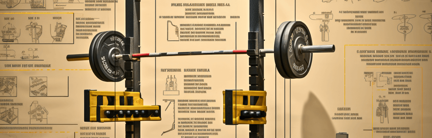 A squat rack with barbells and a weight bench.