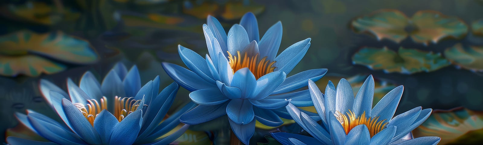 An illustration of blue water lilies on a pond.