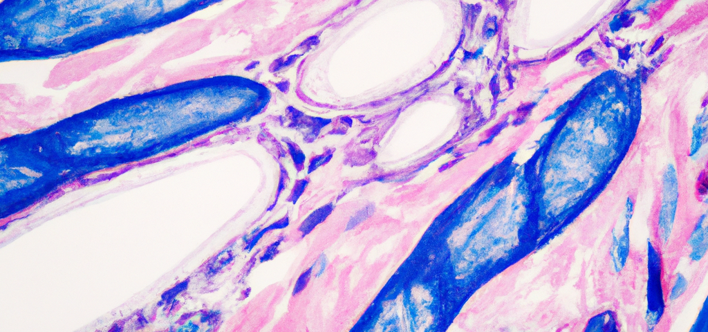 An AI generated image of imaginary connective tissue. The picture is abstract and has 3 colours: white, blue and pink. It almost looks like a cross section of a leaf, with different nodes and connective lines in between them.