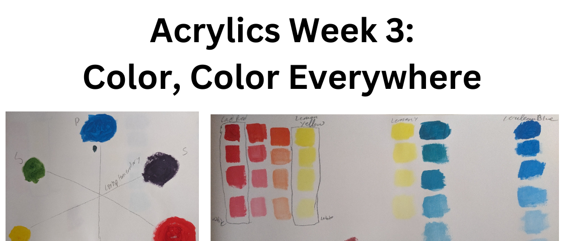 Black title on a white background “Acrylics Week 3: Color, Color, Everywhere” centered at the top. Below are two pictures of the author’s work including a basic color wheel on the left and grids of color gradients on the right.