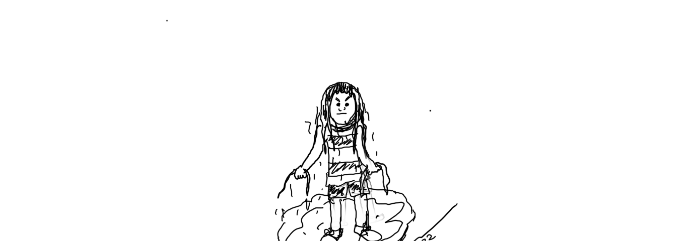 Cartoon drawing of an angry 6-year-old child, soaking wet, fully dressed holding half a bikini bathing suit in each hand.