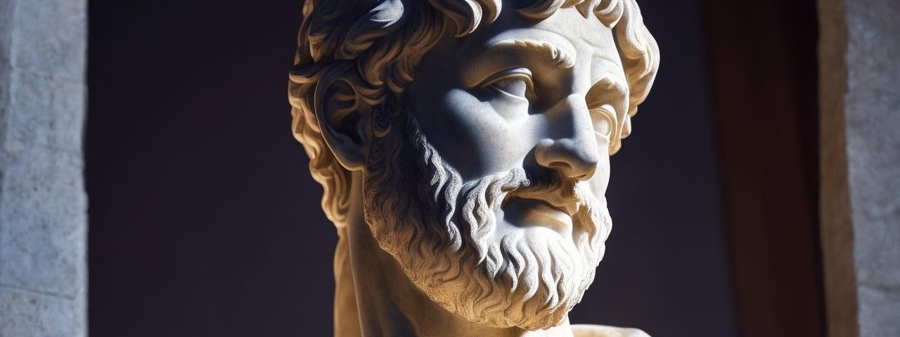 A majestic marble bust of Aristotle, illuminated by a single ray of light.