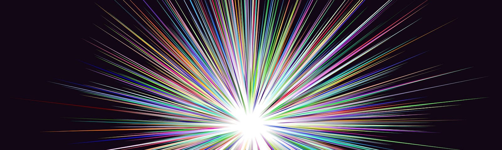A black background with a rainbow burst of light radiating out from the centre like a star.