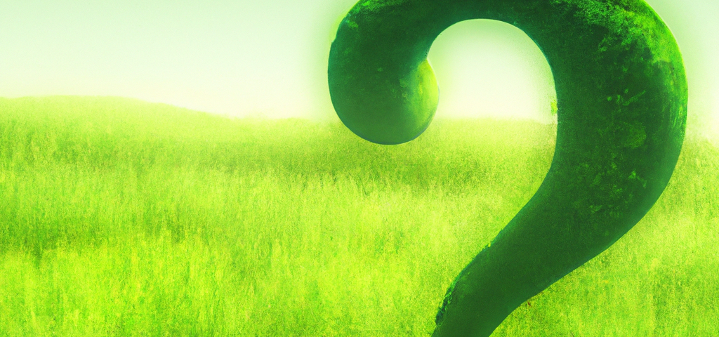 Digital art of a green question mark growing in a green meadow.