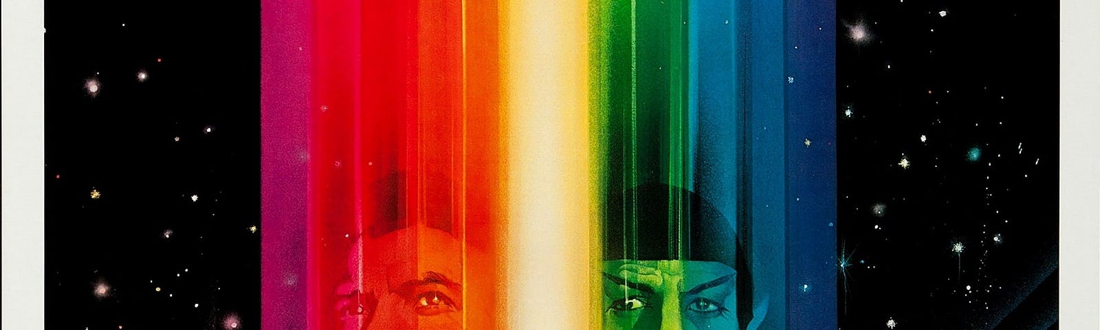 The theatrical poster is a vivid rainbow beam, set against a backdrop of stars. Behind the rainbow we can see the likenesses of Kirk, Ilia and Spock. Smaller, underneath and in-front is the USS Enterprise.