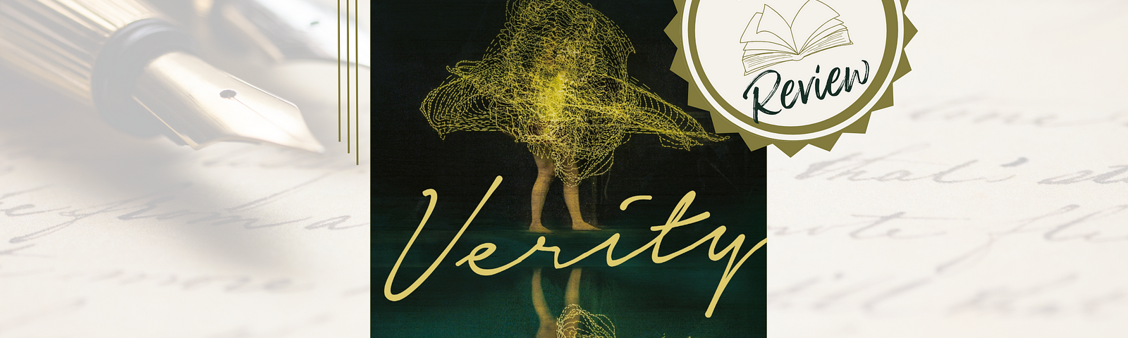The book cover for “Verity” with a stamp that says “Good” and shows 3 stars on the bottom left corner and another stamp saying “Book Review” on the top right corner.