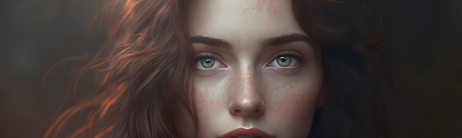 Redhead girl with honey-green eyes and some freckles on her face.