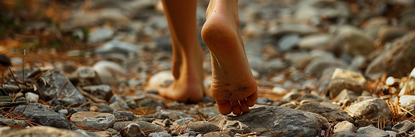 A picture of feet walking along a path covered in stones