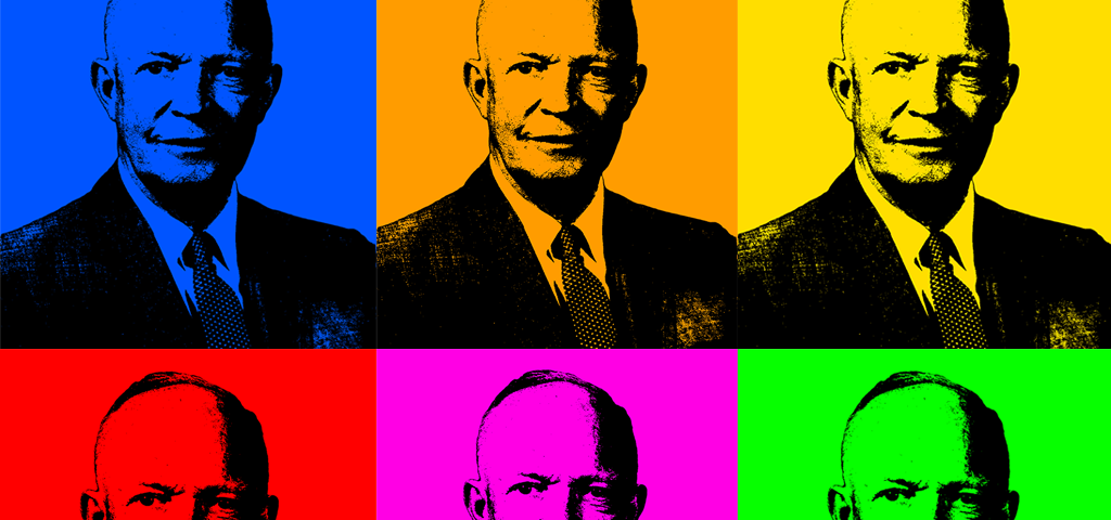 A grid of six two-tone images of Dwight Eisenhower. Each has the shadows in black, with the highlights in a different colour. From left to right, the top row is blue, orange, and yellow; the bottom row is red, pink, and green.
