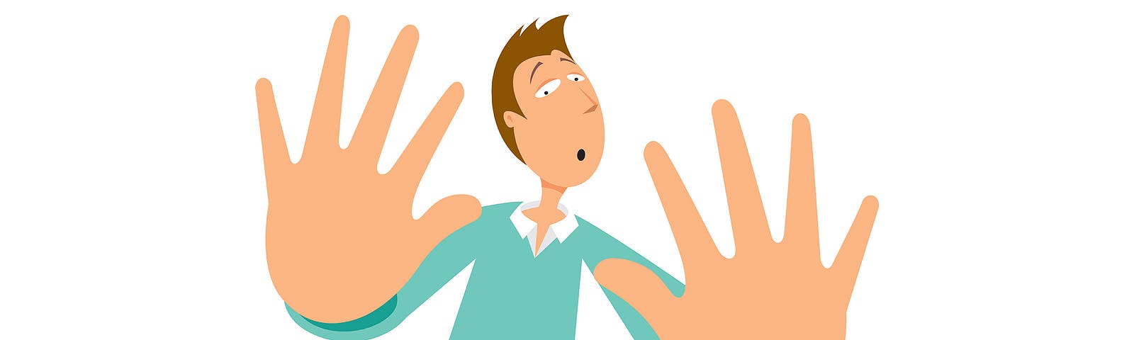 Cartoon of man with facial and hands gesturing “no.”