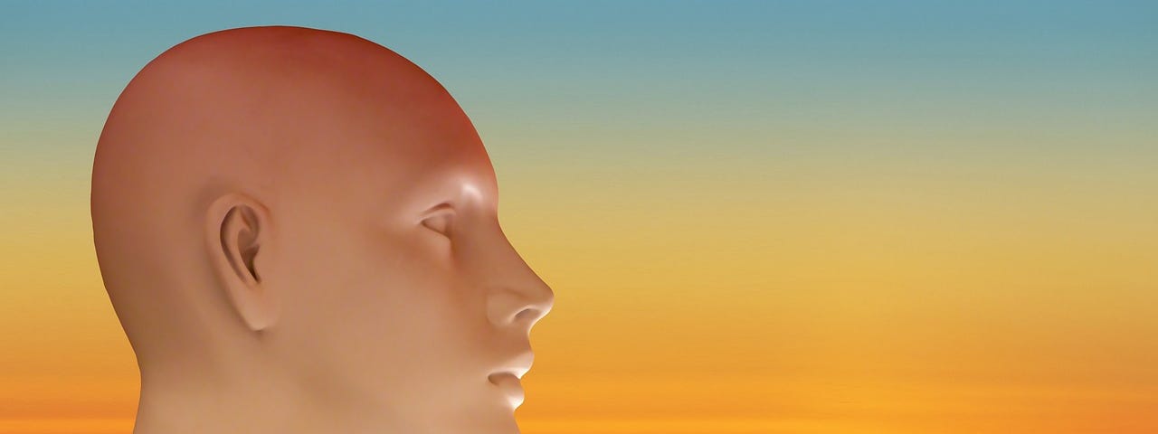 A surreal drawing showing a man’s head and the sunset.