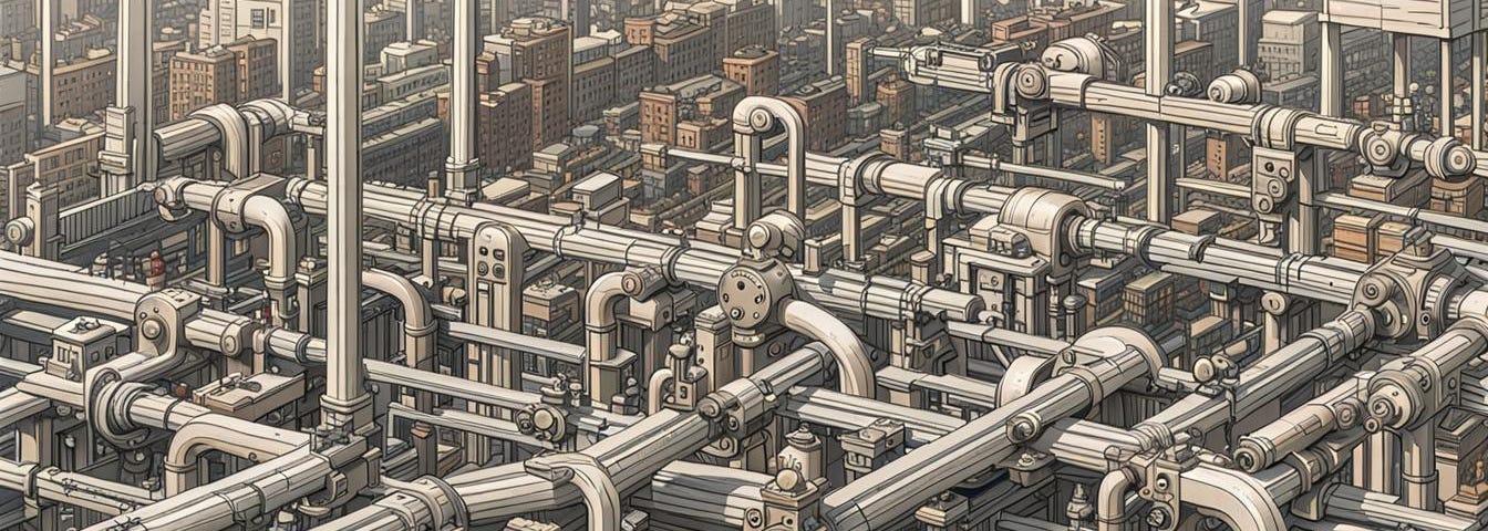 Depiction of large factory inside, pipes and machinery