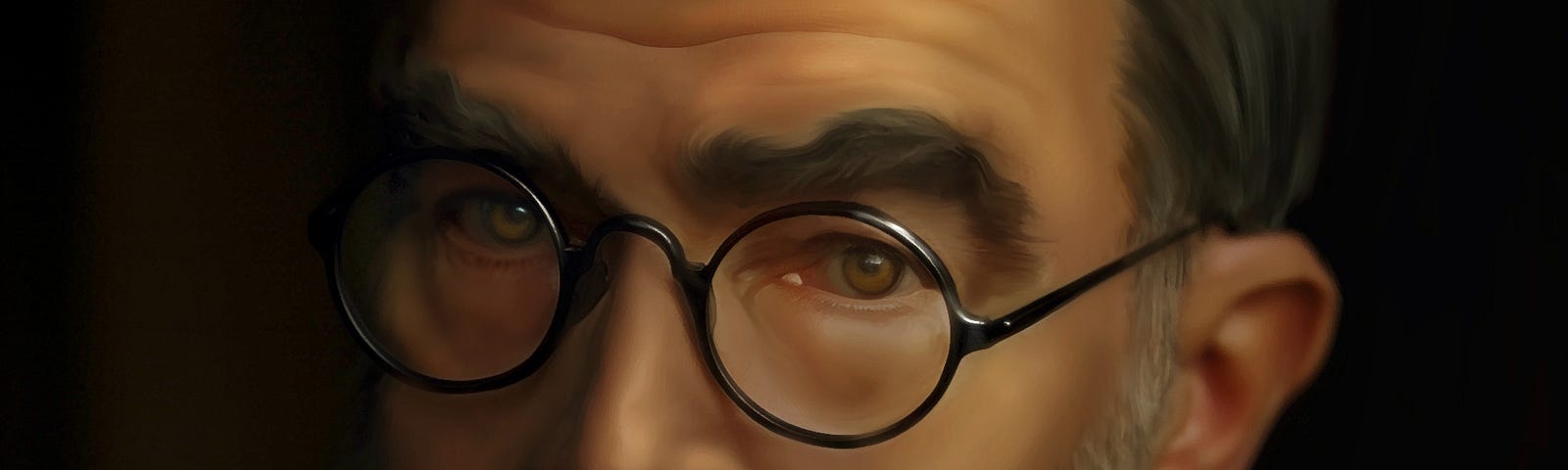 Digital painting of a portrait of Dr. Victor Stahl, a mature white man with a distinctive pointed white beard, brown hair, and round black-rimmed spectacles.