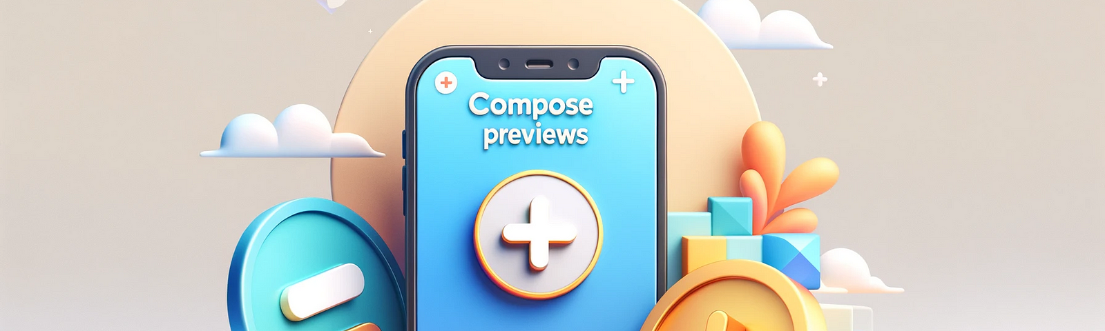 image features a sophisticated and playful composition set against a soft, neutral background. On the left, there’s a vibrantly colored 3D coin, and on the right, a sleek, landscape-oriented smartphone mockup. Between these two elements is a prominent plus icon, symbolizing a connection or addition. Above this arrangement, the phrase “Compose Previews” is written in a stylish, modern font that complements the overall design. The scene balances a clean, modern aesthetic with playful charm.