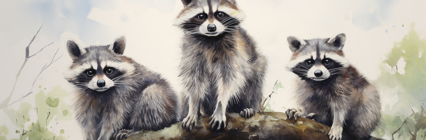 Watercolor, three raccoons sit on a tree branch, looking at the author.