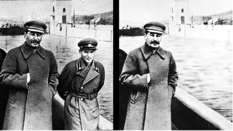 Two pictures side by side. The left shows Stalin and Yezhov. On right, Yezhov is airbrushed out. In the background is a canal.