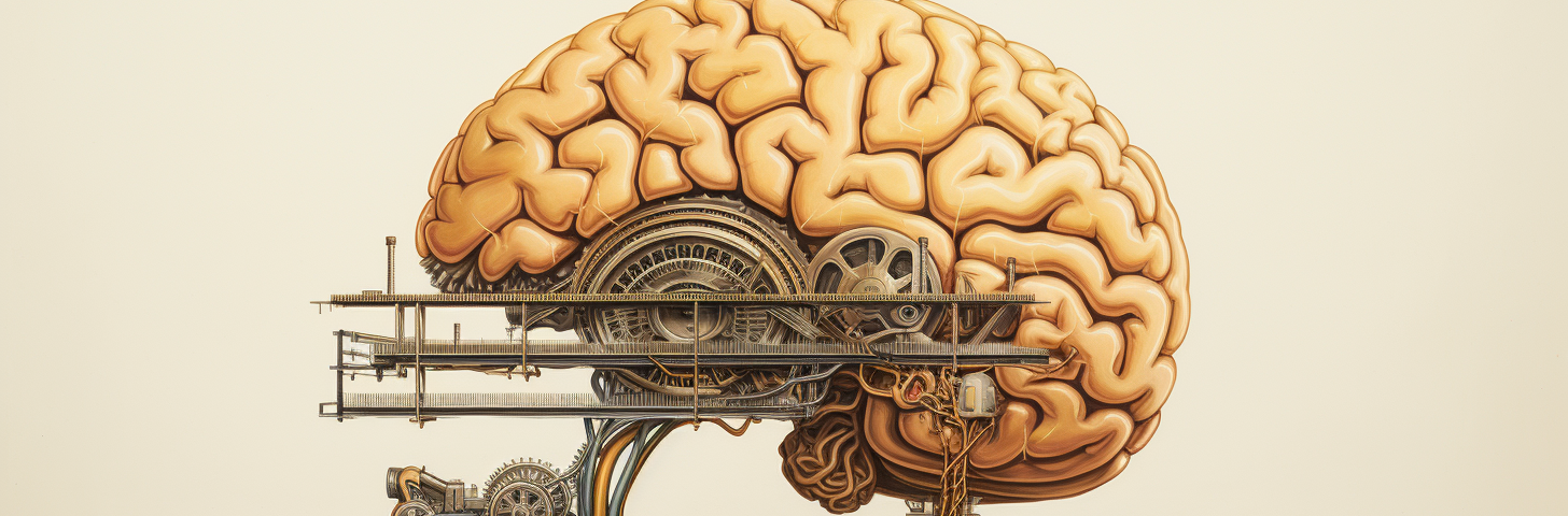 Metaphysical illustration of a brain wired to gears representing overthinking.